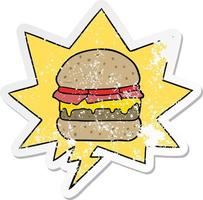 cartoon gestapelde hamburger en tekstballon noodlijdende sticker vector