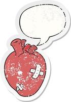 cartoon hart en tekstballon noodlijdende sticker vector