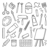 hand getekende set kunstenaar tools doodle. kunstbenodigdheden in schetsstijl. ezel, penselen, verf, potloden. vectorillustratie geïsoleerd op een witte achtergrond. vector