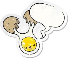 cartoon gebarsten ei en tekstballon verontruste sticker vector