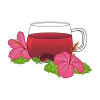 kopje thee met hibiskus roze bloemen. achtergrondontwerp voor thee, homeopathie, kruidencosmetica, kruidenierswaren, gezondheidsproducten met hibiskusthee of karkade. vector geïsoleerde illustratie