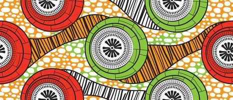afrikaans traditioneel rood, groen en geel patroon. naadloze mooie kitenge, chitenge-stijl. modevormgeving in kleurrijk. geometrische cirkel abstracte motief. bloemen ankara prints, Afrikaanse wax prints. vector