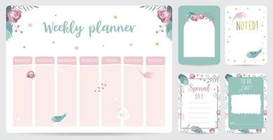 schattige wekelijkse planner achtergrond met bloem, Feather.vector illustratie voor kind en baby vector