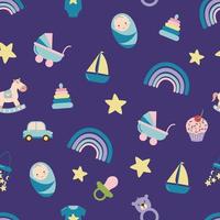 babypatroon met kinderspeelgoed, objecten. naadloos patroon met babydingen. ontwerp voor stoffen, textiel, behang, verpakkingen vector