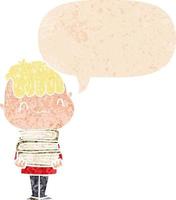 cartoon vriendelijke jongen met boeken en tekstballon in retro getextureerde stijl vector