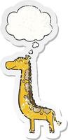 cartoon giraf en gedachte bel als een versleten versleten sticker vector