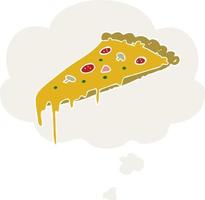 cartoon pizza slice en gedachte bel in retro stijl vector