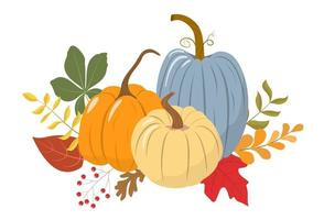 herfst pompoenen en bladeren arrangement. herfst oogstfeest uitnodiging, briefkaart of banner. gelukkige dankzeggingsposter. geïsoleerd op een witte achtergrond. vectorillustratie. vector