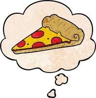 cartoon pizza slice en gedachte bel in grunge textuur patroon stijl vector