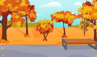 cartoon herfst landschap in het park met een bankje. kleurrijke vectorillustratie voor banners, ansichtkaarten en andere herfstontwerpen. vector