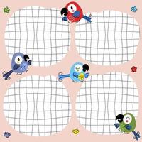 doodle sjabloon notities lijst met vervormd raster en ara papegaaien. vector