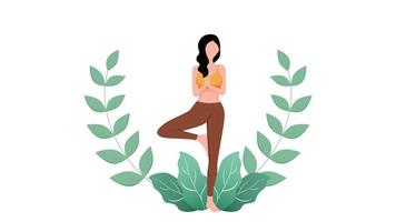 platte meisje yoga pose karakter platte vectorillustratie met blad object achtergrond vector