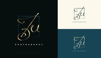 ju eerste handtekening logo-ontwerp met elegante en minimalistische gouden handschriftstijl. eerste j en u-logo-ontwerp voor bruiloft, mode, sieraden, boetiek en zakelijke merkidentiteit vector