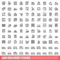 100 levering iconen set, Kaderstijl vector