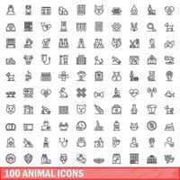 100 dieren iconen set, Kaderstijl vector