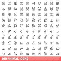 100 dieren iconen set, Kaderstijl vector