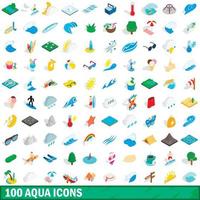 100 aqua iconen set, isometrische 3D-stijl vector