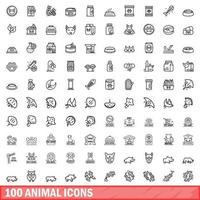 100 dieren iconen set, Kaderstijl vector