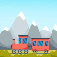 schattige kleine rode trein op de achtergrond van de bergen vector