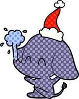 schattige stripboekstijlillustratie van een olifant die water spuit met een kerstmuts vector