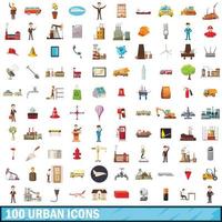 100 stedelijke iconen set, cartoon stijl vector