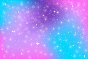 fantasie achtergrond. heldere veelkleurige hemel met sterren en bokeh. holografische illustratie in violette en roze kleuren. leuke cartoon girly behang. vector. vector
