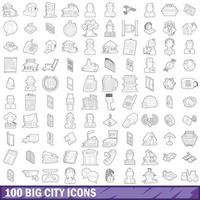 100 grote stad iconen set, Kaderstijl vector