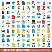 100 mobiele telefoon iconen set, vlakke stijl vector