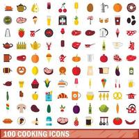 100 koken iconen set, vlakke stijl vector