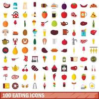 100 eten iconen set, vlakke stijl vector