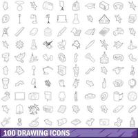 100 tekening iconen set, Kaderstijl vector