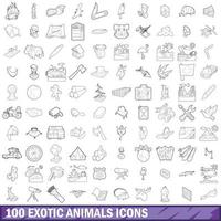 100 exotische dieren iconen set, Kaderstijl vector