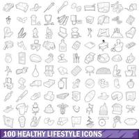 100 gezonde levensstijl iconen set, Kaderstijl vector