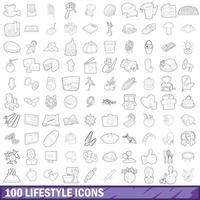 100 levensstijl iconen set, Kaderstijl vector