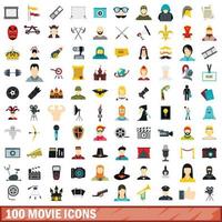 100 film iconen set, vlakke stijl vector