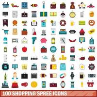 100 shopping spree iconen set, vlakke stijl vector