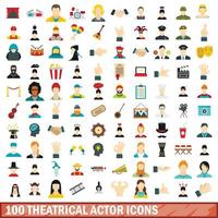 100 theatrale acteur iconen set, vlakke stijl vector