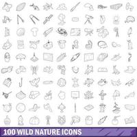 100 wilde natuur iconen set, Kaderstijl vector