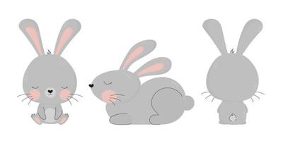 verzameling schattige handgetekende konijntjes. vectorillustratie. grijze haas. dierlijke stripfiguur voor mode voor kinderen, peuters en baby's. paashaas vector