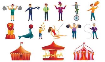 circus iconen set, cartoon stijl vector