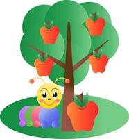 schattige rups en sappige appel. achtergrond appelboom. cartoon vectorillustratie. vector