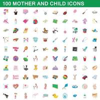 100 moeder en kind iconen set, cartoon stijl vector