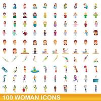 100 vrouw iconen set, cartoon stijl vector