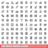 100 massamedia iconen set, Kaderstijl vector