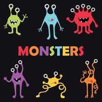 schattige monsters op zwarte achtergrond vector