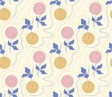 naadloze patroon met abstracte spiraal roze bloemen, bladeren en lijnen. blauwe roos geel minimale handgetekende bloemen schattige pastel achtergrond voor textiel vectorillustratie vector