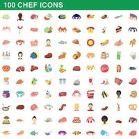 100 chef-kok iconen set, cartoon stijl vector