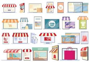 online winkel pictogrammen instellen cartoon vector. geldwinkel vector