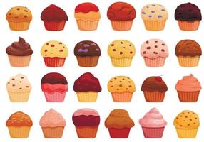 muffin iconen set, cartoon stijl vector