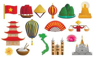 Vietnam icon set, cartoon stijl vector